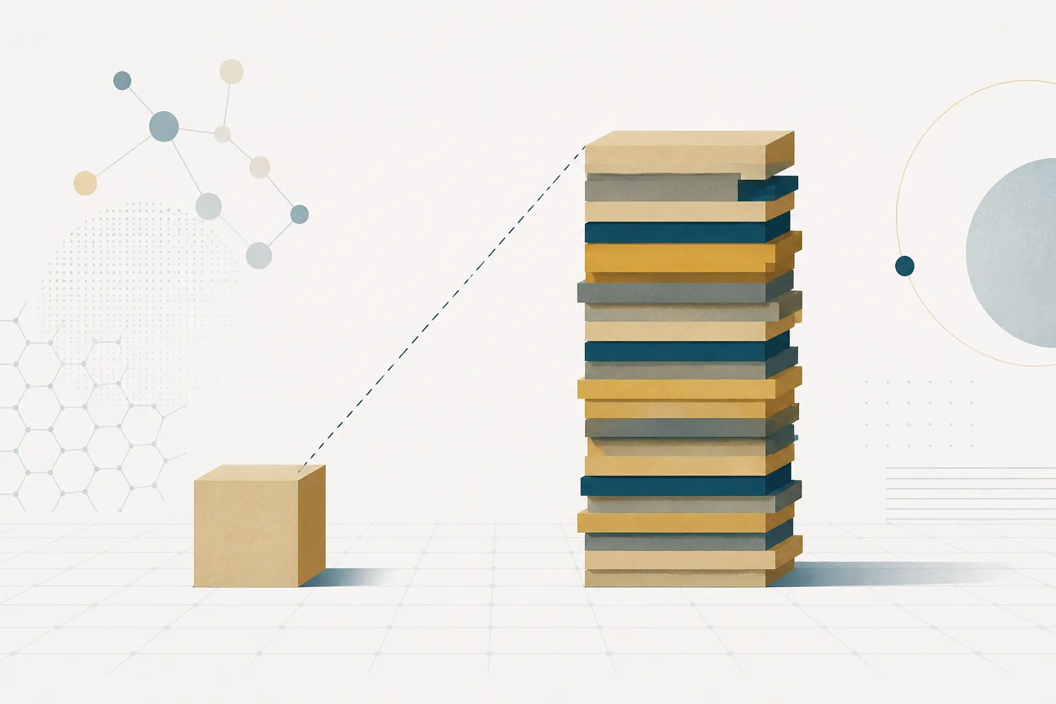 Abstract illustration of a small solid block at the base of a tall column built from many thin layers of varying depth, the column roughly twice the height of the block, representing the costs added on top of the goods price