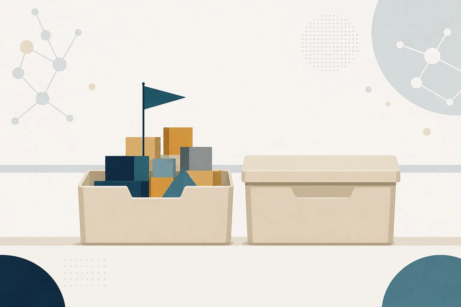 Abstract illustration of two side-by-side bins, one partly emptied and one sealed and full, with a small flag rising from the emptied bin