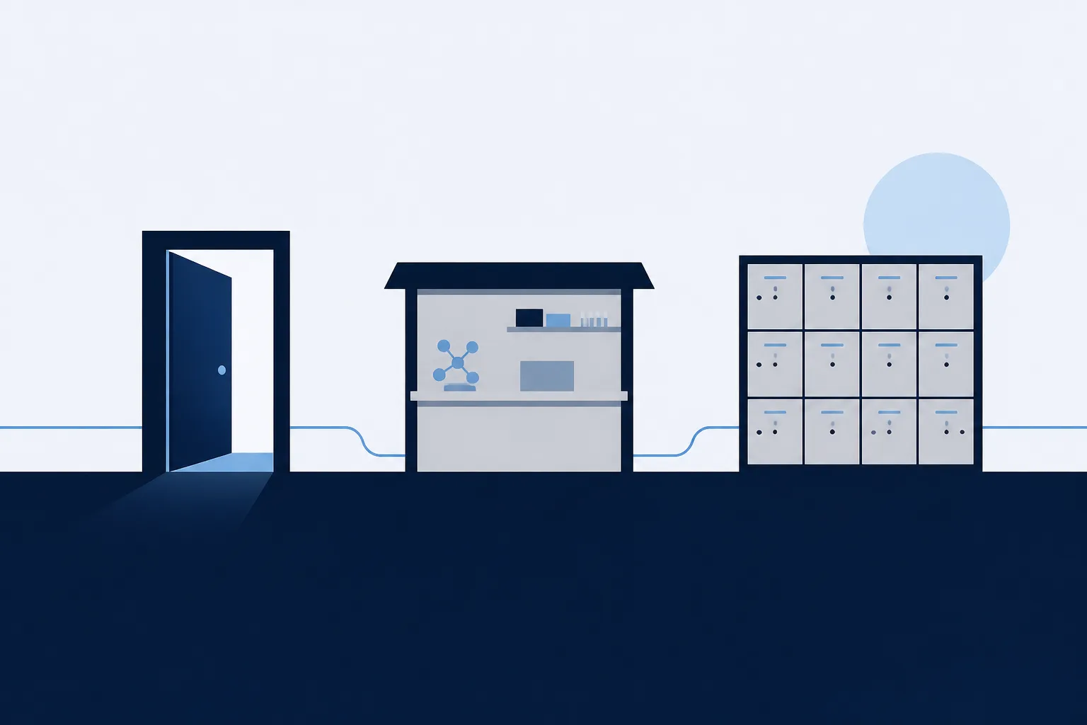 Abstract illustration of three doorway shapes side by side, one open door, one small shop counter and one grid of numbered compartments, connected by a single line.