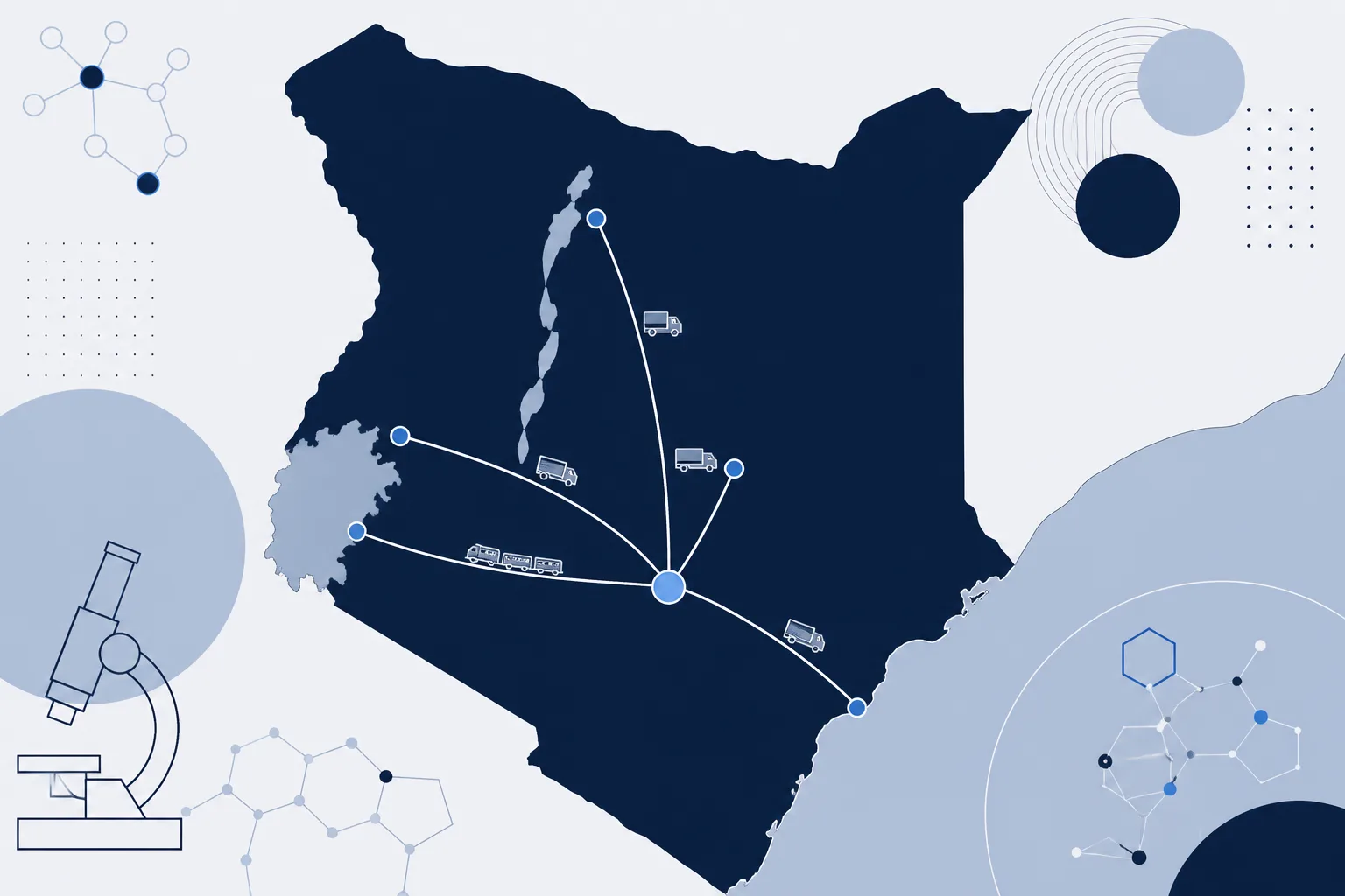 Abstract map-like illustration of four routes radiating from a central point to coast, lake, north and central destinations, with small truck and train icons.