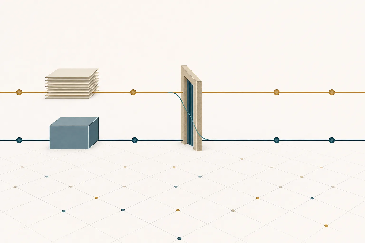 Abstract illustration of two parallel lines running into a single gate, one line carrying a document layer and the other the goods, with a thin connecting thread showing that responsibility stays attached to the first line throughout