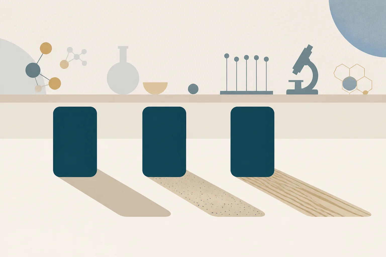 Abstract illustration of three identical plain containers in silhouette, each casting a differently patterned shadow — one clean, one speckled, one streaked