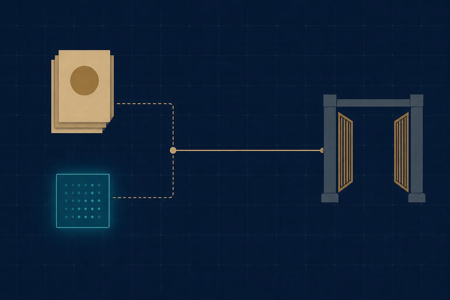 Abstract diagram of a consignment path where a data record must be lodged and a stamped document chain completed before the goods line is allowed to begin