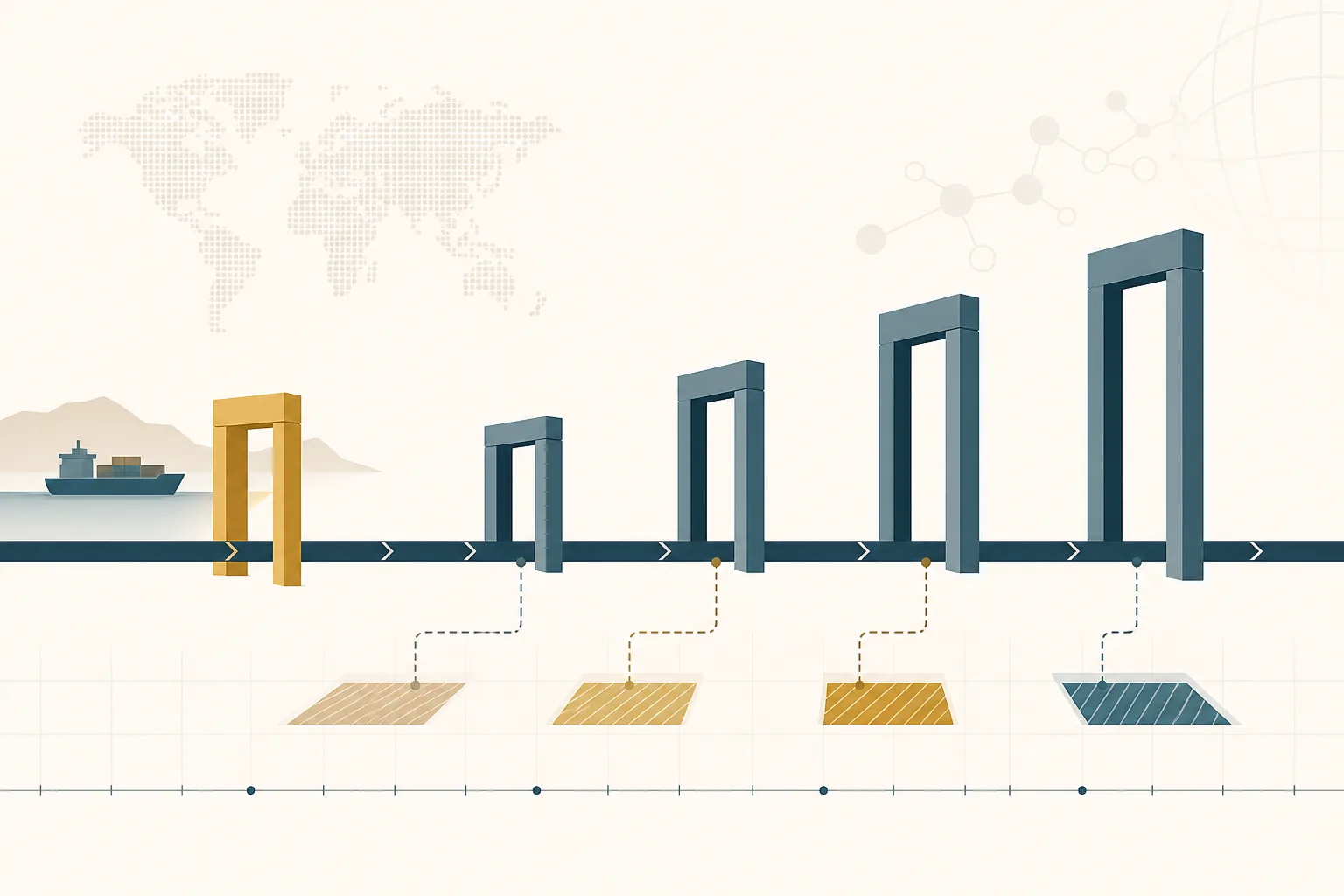 Abstract diagram of a consignment's regulatory path drawn as four sequential gates on a single horizontal track, with one gate positioned upstream of the others to show that it must be cleared before departure