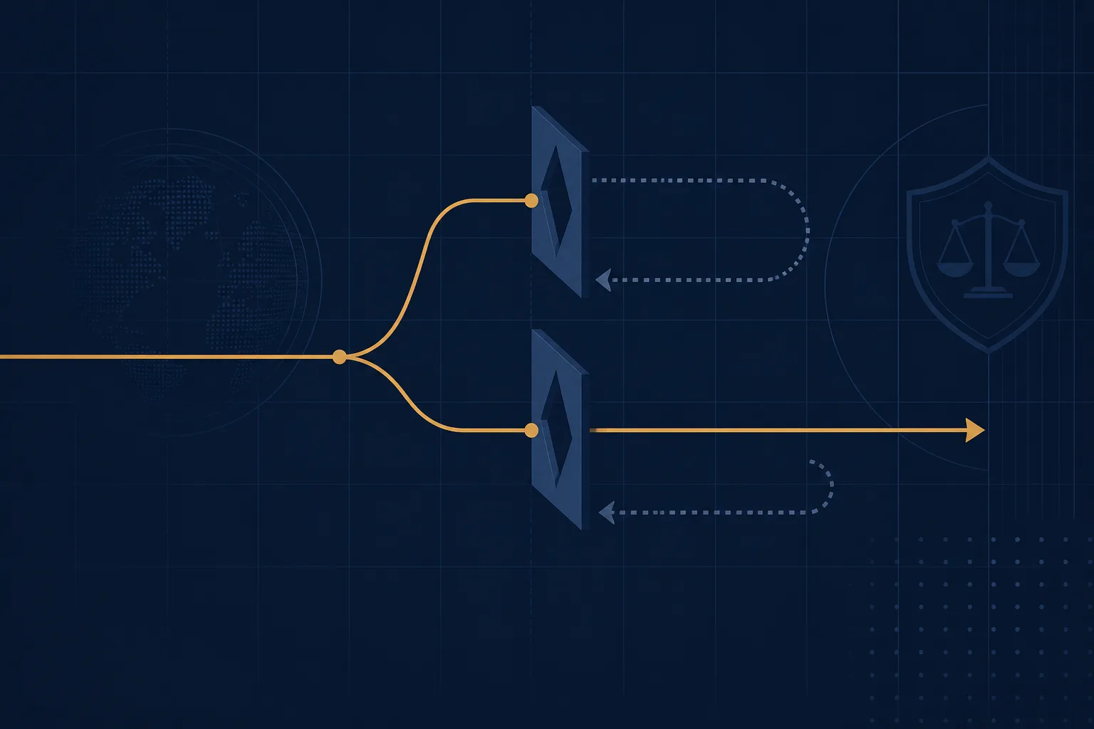 Abstract schematic of a consignment moving through two parallel decision gates, one representing a health regulator and one a customs administration, with a branching path and a holding loop between them