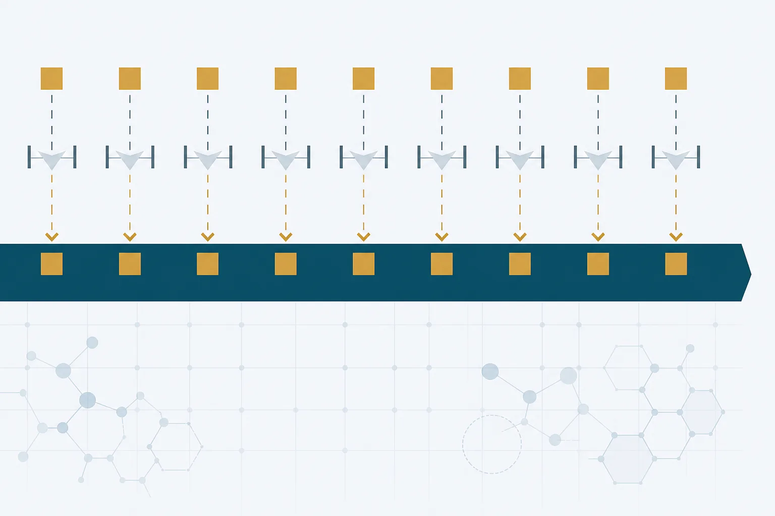 Abstract diagram of a two-layer approval: a long annual band representing the importer's licence, with short consignment tokens each passing through their own checkpoint along it