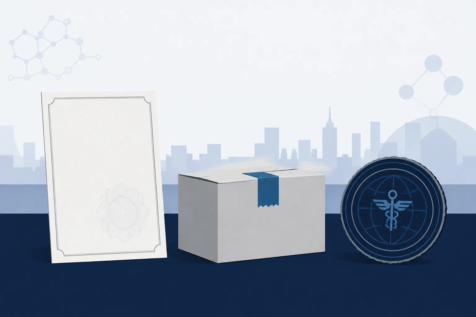 Abstract illustration of a permit sheet, a sealed carton and a customs seal arranged in a row in front of a low city skyline.