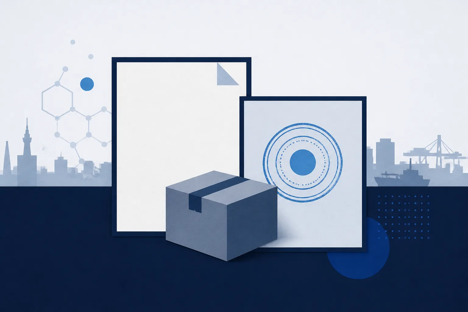 Abstract illustration of two overlapping rectangular frames, one holding a permit sheet and one a customs stamp, with a sealed box between them.