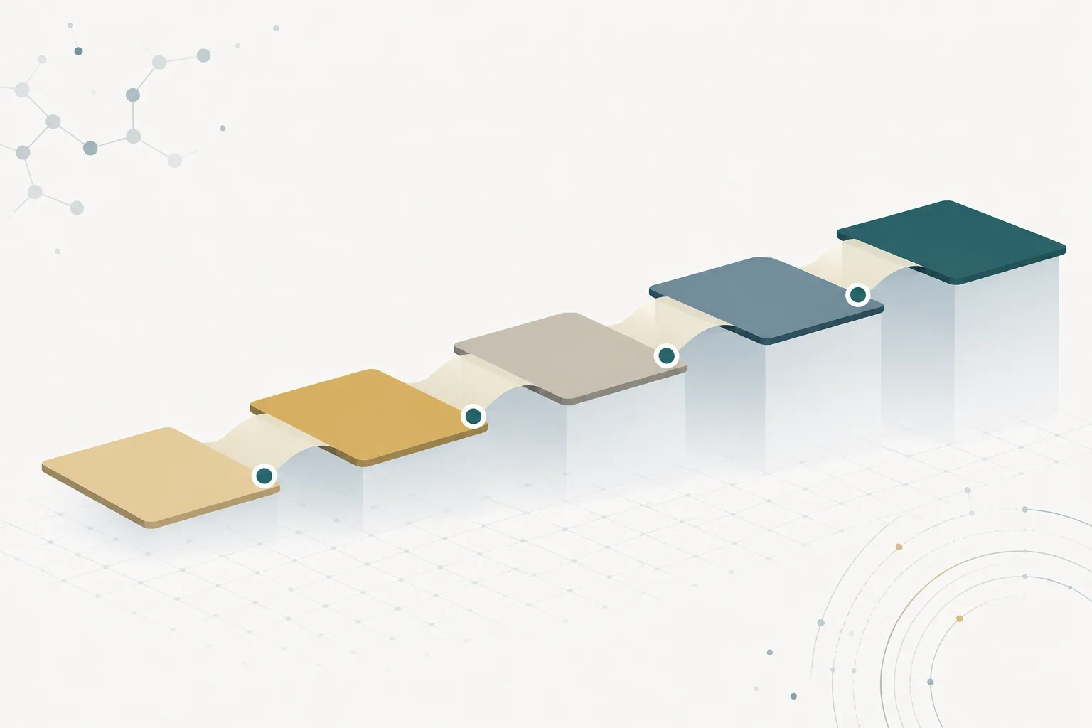 Abstract illustration of a staircase of connected rectangular panels, each panel handing a thin sheet to the next, with a single path running from the first step to the last