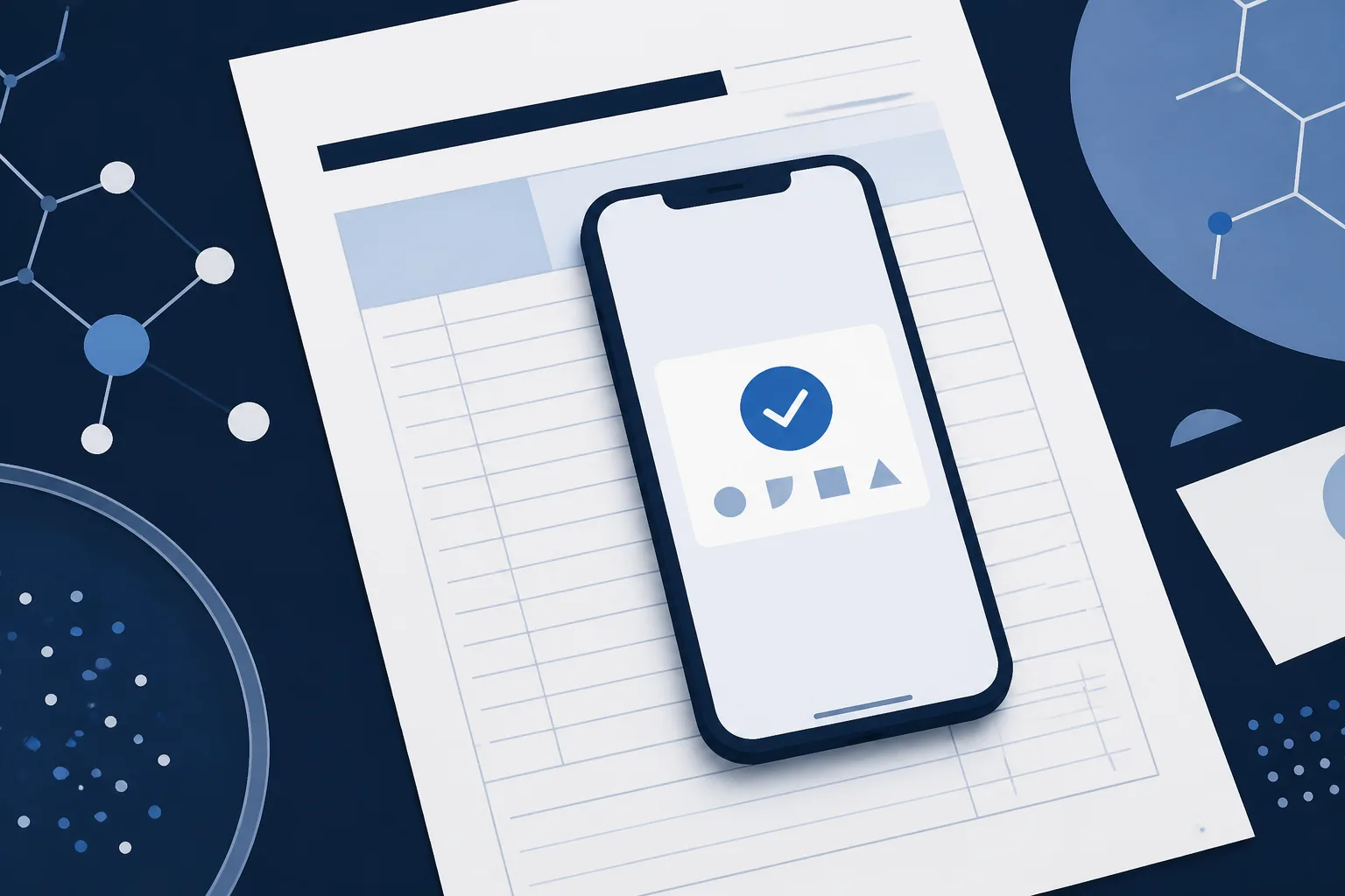 Abstract illustration of a small rectangular screen resting on a printed order form, with a short row of marks standing for a transaction code.