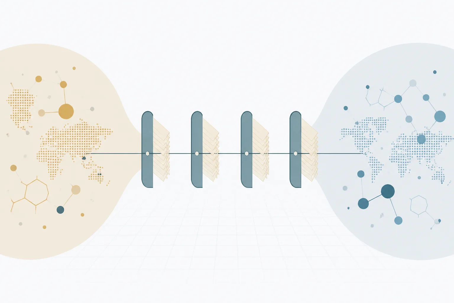 Abstract illustration of a single line crossing between two separate fields, passing through a row of narrow checkpoint gates, each with a thin stacked layer beside it representing the documents examined at that point