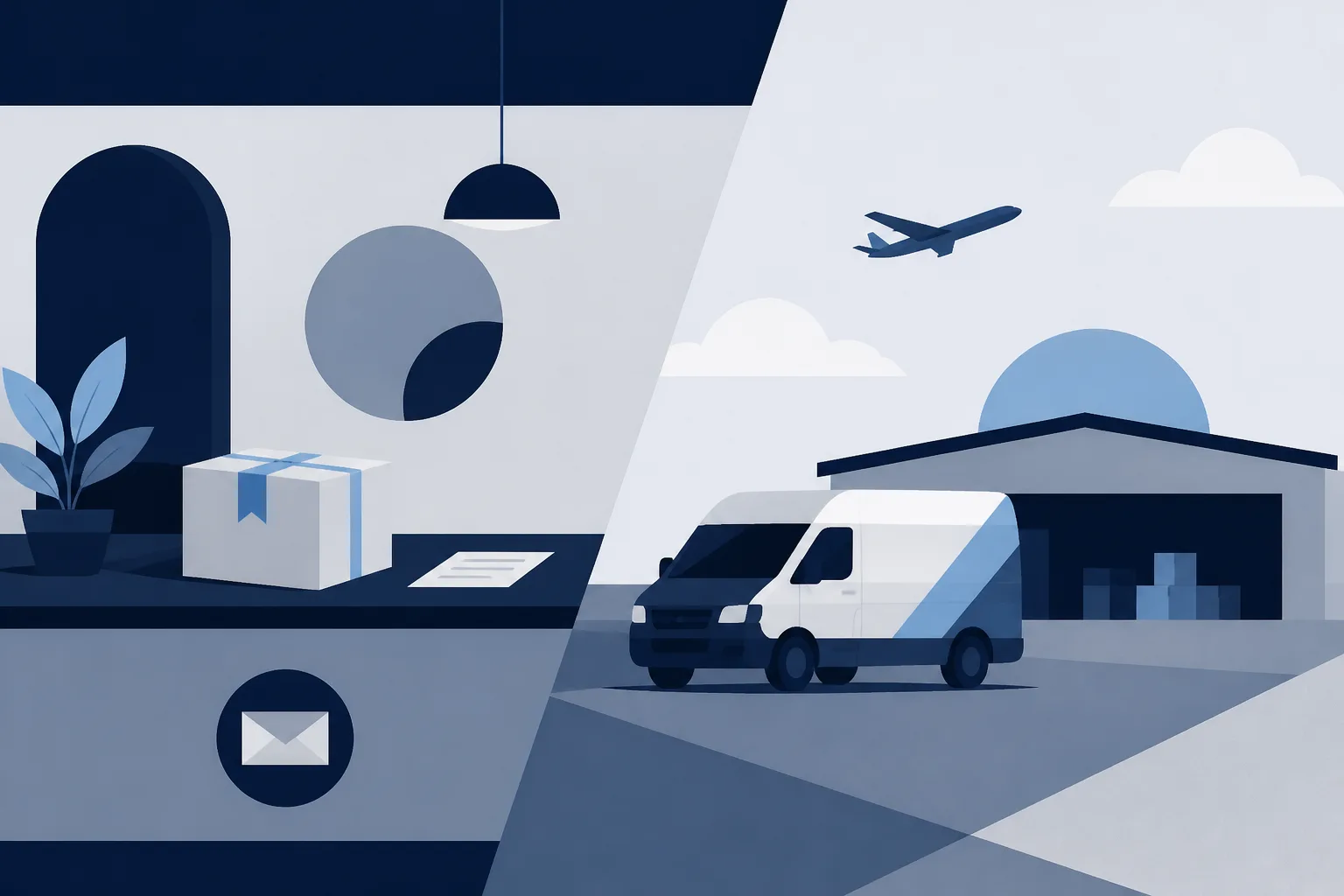Abstract flat illustration split in two: a post office counter with a parcel and a paper slip on the left, an express van at an airport cargo shed on the right.