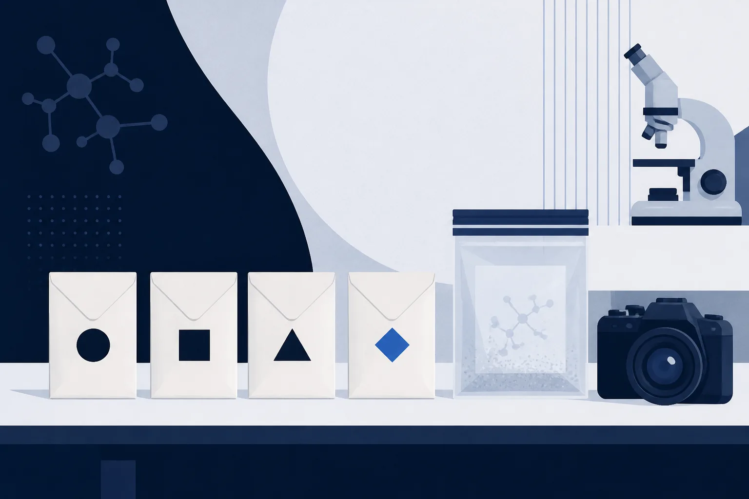 Abstract illustration of four envelopes on a table beside a sealed evidence bag and a camera.