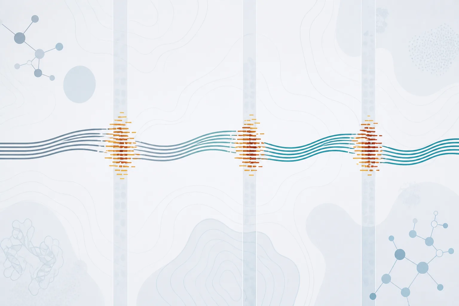Abstract illustration of a long road line crossing several vertical boundary bands, flowing smoothly between them but compressing into a dense, warm-coloured cluster of short dashes at each boundary crossing