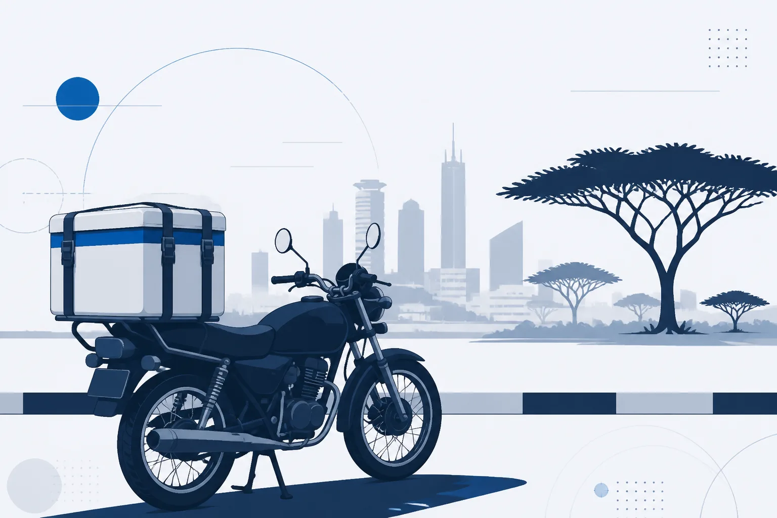 Abstract illustration of an insulated carrier box strapped to a motorbike rack against a flat city skyline and acacia silhouettes.