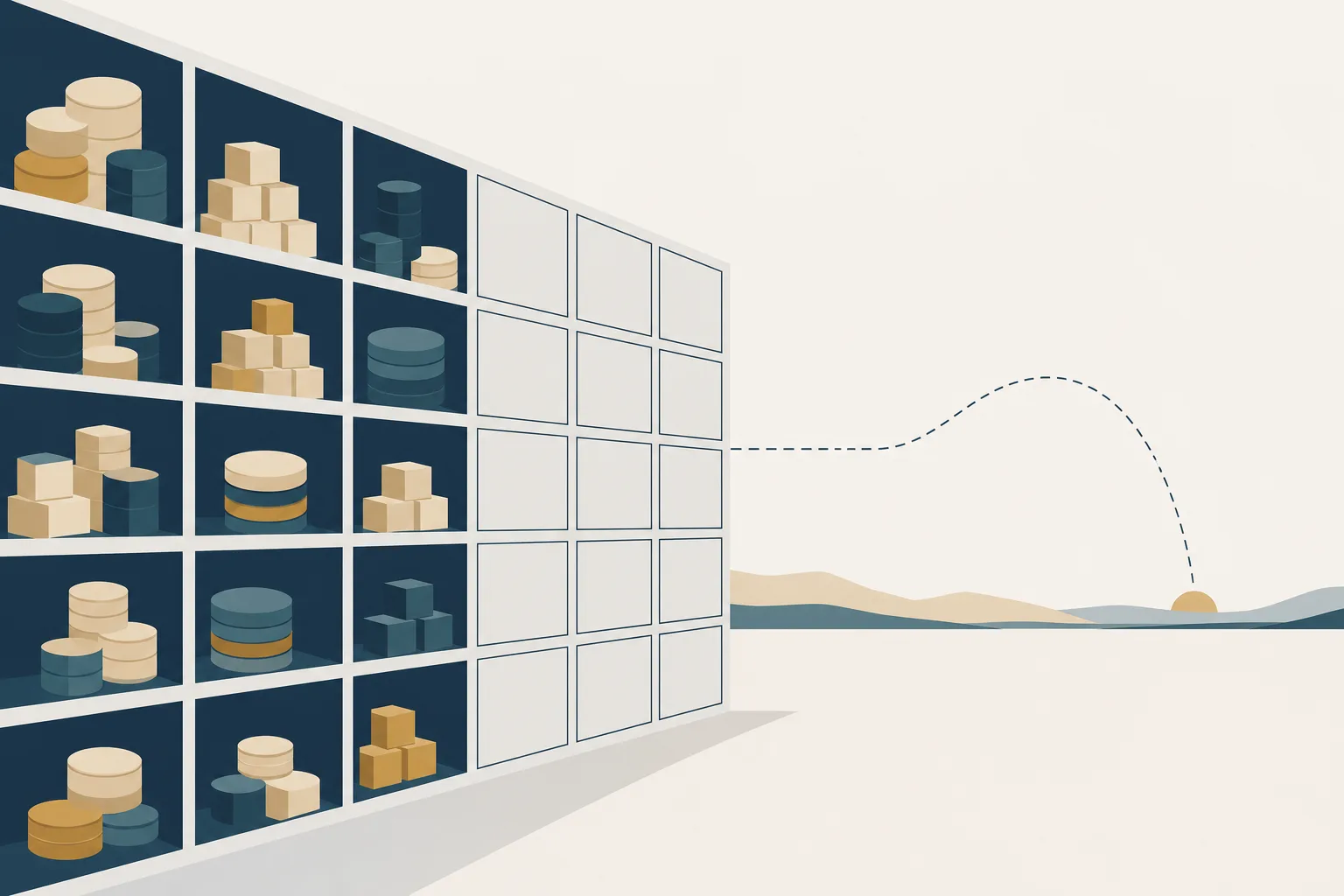 Abstract illustration of a shelf grid in which some compartments are filled with neat geometric shapes and others are outlined empty, with a dashed line leading from the empty compartments to a distant horizon