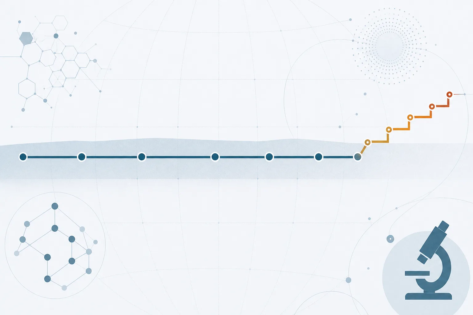 Abstract illustration of a long journey line that runs cool and level for most of its length, then breaks into a short cluster of warm, rising steps near its end, representing heat gathered in the final stages of delivery