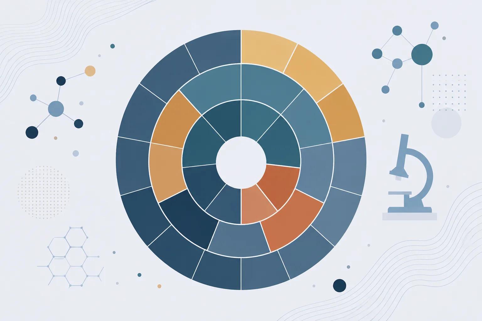 Abstract circular calendar wheel divided into twelve segments, with a warm band sweeping across a different arc of the wheel in each of three concentric rings, representing peak-heat seasons that fall at different times in different regions