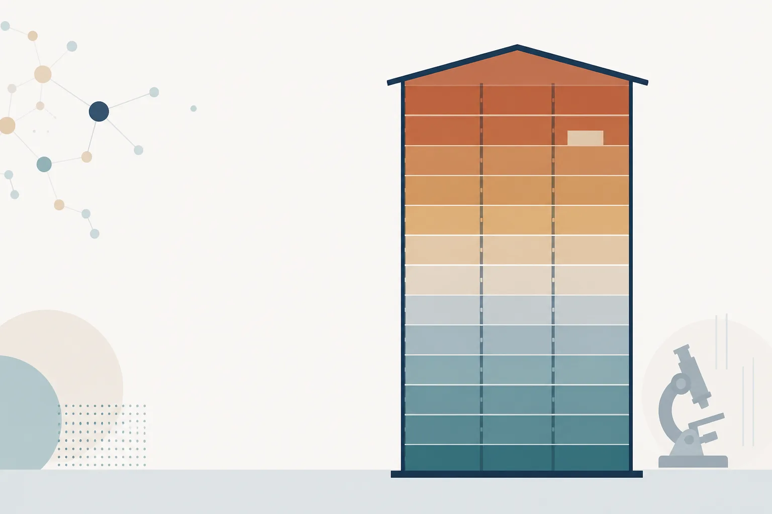 Abstract cross-section of a tall, open storage volume in which horizontal bands of colour shift from cool near the floor to hot beneath the roof line, with a single small block resting on an upper level