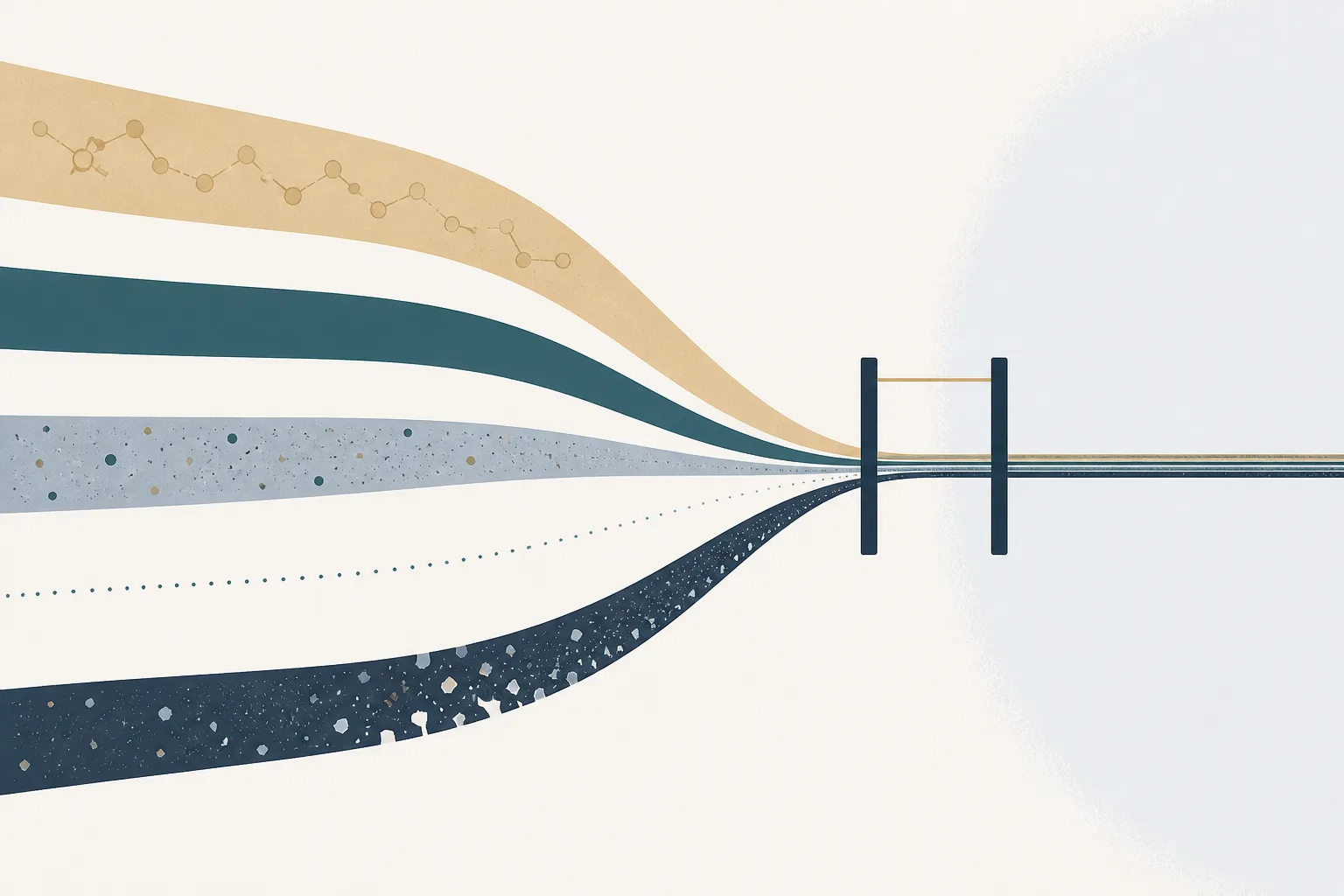 Abstract illustration of several water sources feeding into a single narrow channel, some streams clear and even, others broken and speckled, converging on a small checkpoint gate before a pale open field