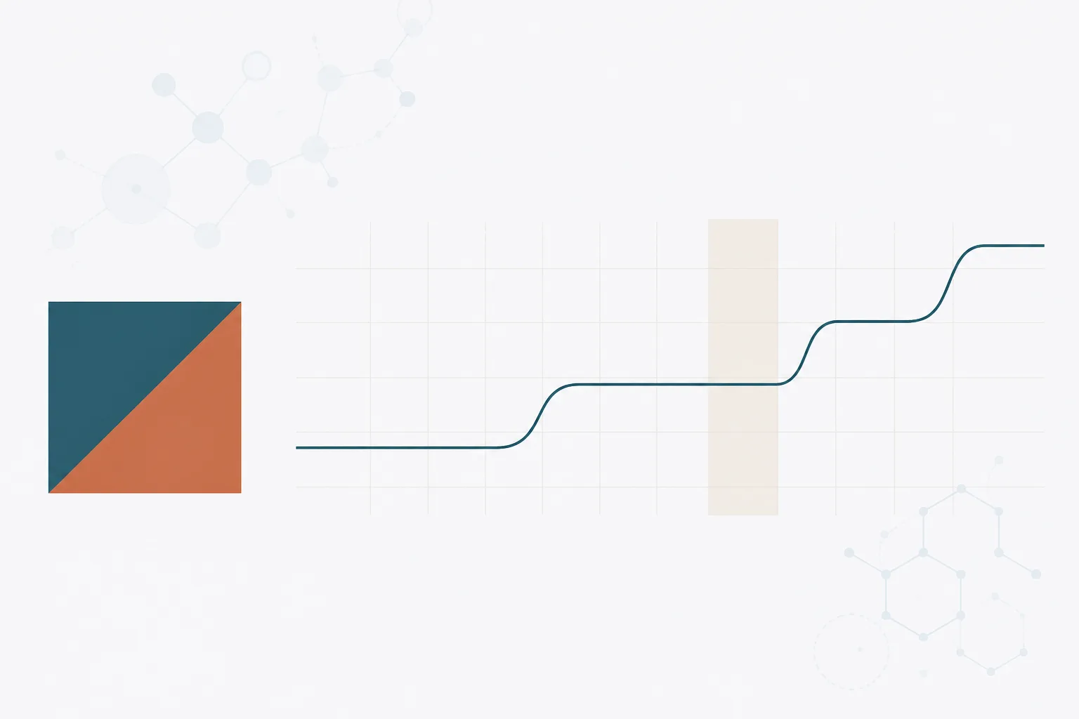 Abstract illustration contrasting a single square marker that has changed from cool to warm colour with a long continuous trace line that rises and falls in steps across the same span, showing the difference between a threshold signal and a full temperature record